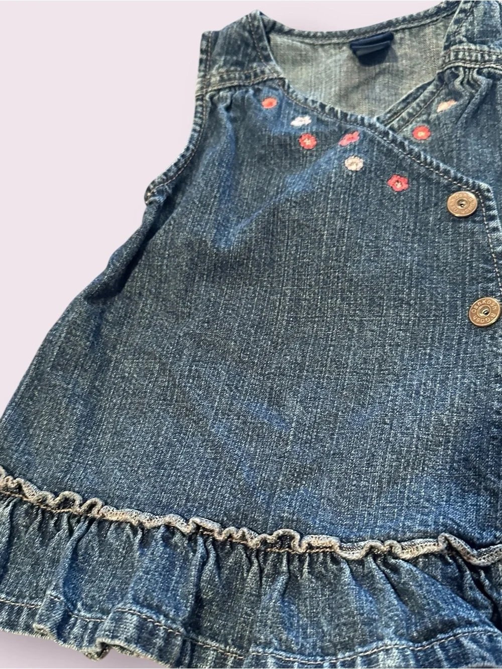 Vintage OshKosh B'gosh Denim Wrap Dress Floral Embroidery Size 12 Months